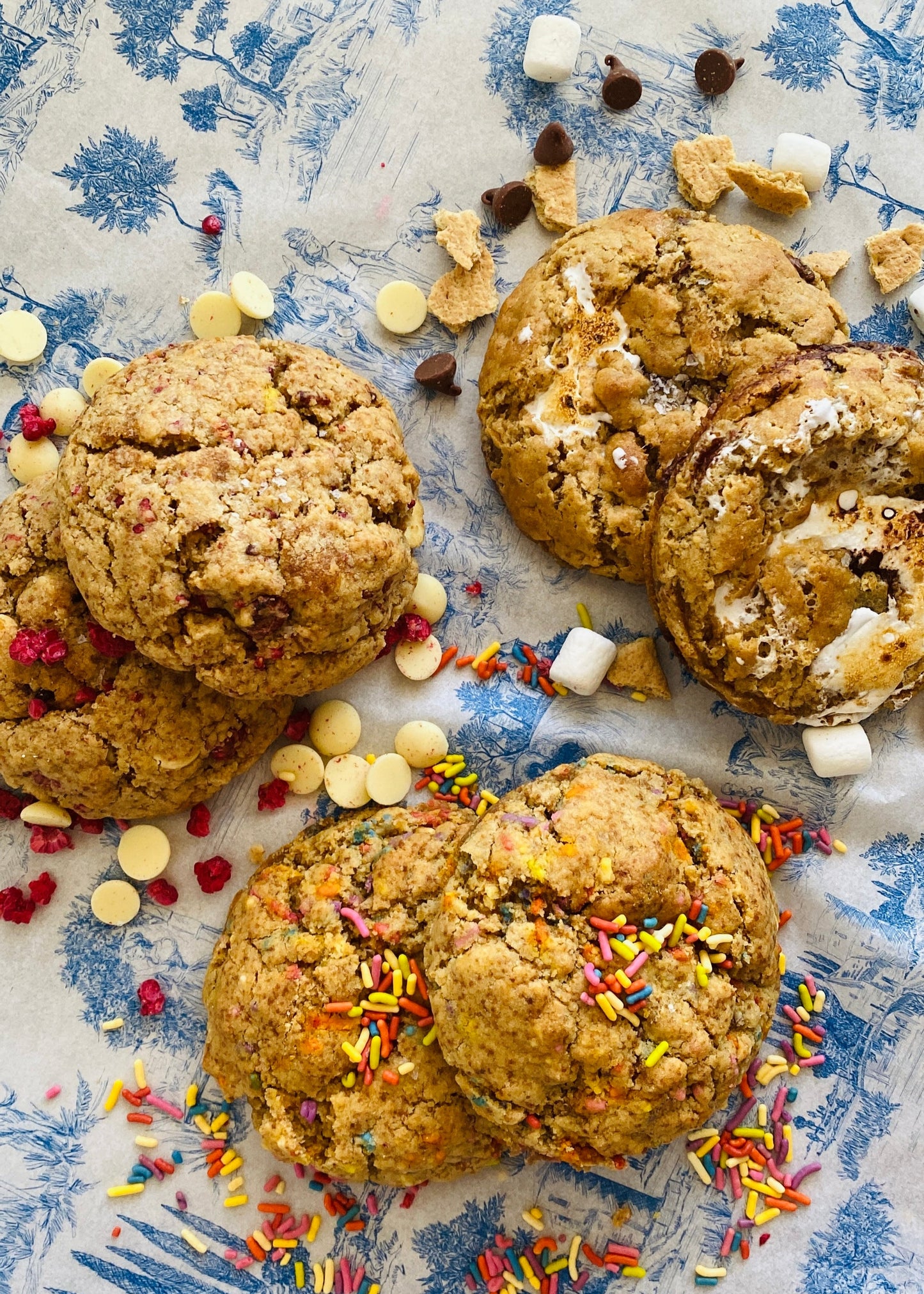 Cookies with various toppings on a decorative paper background